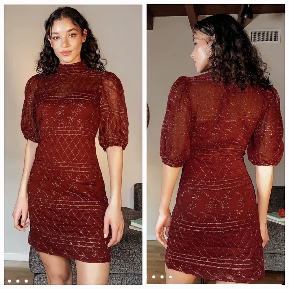 Lulu's Joyful Occasion Embroidered Puff Sleeve Shift Dress! Size Medium.